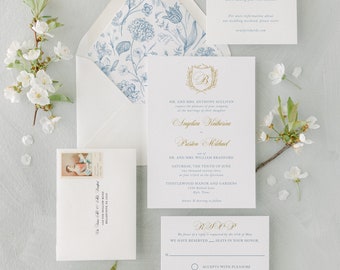 French Blue Wedding Invitation Suite with Envelopes, Monogram Crest, Elegant Boho Floral Wedding Invite Set, Camille, RC0101