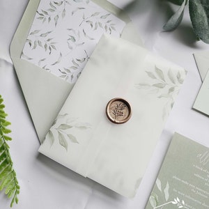 Sage Watercolor Greenery Vellum Wrap and Wax Seal Add on for Avia Collection Wedding Invitation Suite, vellum jacket, wax seal, RC0224