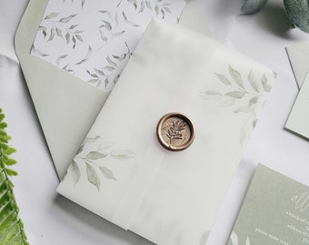 Sage Watercolor Greenery Vellum Wrap and Wax Seal Add on for Avia Collection Wedding Invitation Suite, vellum jacket, wax seal, RC0224