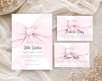 Pink Bow Baby Shower Template Bundle, Baby Girl, Edit in Canva, Book Request, Books for Baby, Diaper Raffle, Digital Download, RC0404