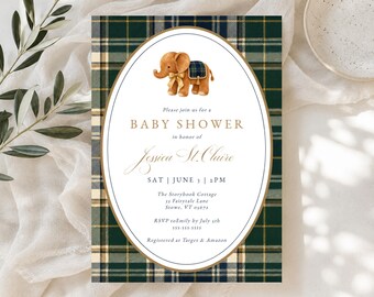 Preppy olifant babyshower uitnodiging, geruite polo, groen, marineblauw, digitale download, uitnodigingssjabloon, RC0525