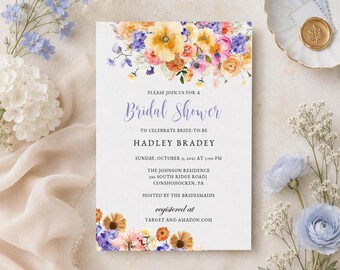 Floral Bridal Shower Invitation Template, Modern Bridal Shower Invite, Printable Invite, Digital Calligraphy Evite, RC0317