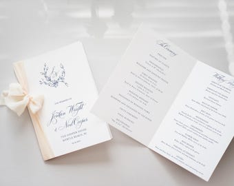 Order of Ceremony Booklet, Monogram Crest Wedding Program, Traditional Wedding Ceremony Program, blue, Caligraphy, Folded, Harietta, RC0309