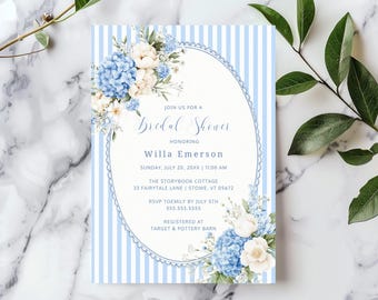Blue Hydrangea Bridal Shower Invitation Template, French Blue stripes, Digital Download, boho floral, Edit in Templett, RC0523