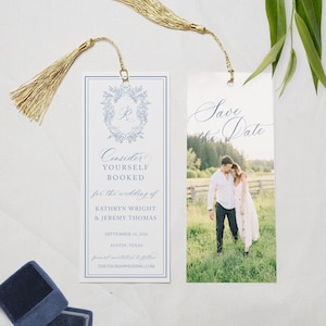 Elegant Save the Date Bookmark, Photo Save the Date, Vintage Book Theme Wedding, Library Theme Bookmark, Wedding Crest, Elaina, RC0300