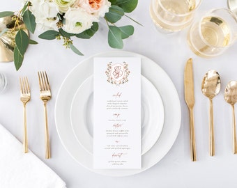 Elegant Wedding Menu Card, professionally printed, Personalized Wedding Menu Card, Classic Monogram Crest, Tatiana Collection, RC0303
