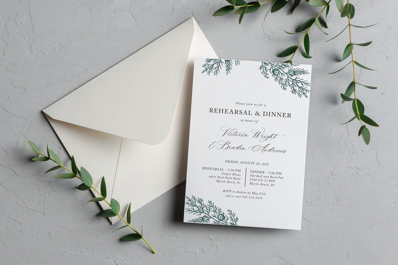 Evergreen Wedding Rehearsal Dinner Invitation with Envelope, Rehearsal Dinner Invite, Winter, Juniper, Winter Greens, Constance, RC2305 image 2