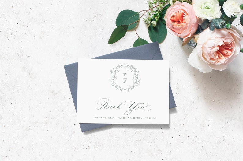 Elegant Thank You Note Card, Elegant Thank You Card with Envelope, Monogram Crest, Pheobe Collection, Wedding Thank You Card, RC0302 image 3