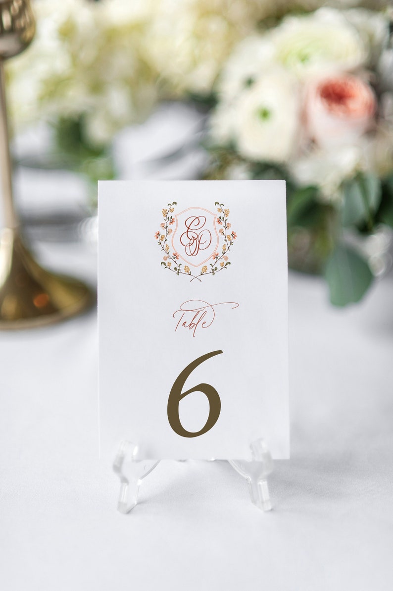 Classic Monogram Crest Wedding Table Numbers, Tatiana Collection, Calligraphy, Printed Table Numbers, 4x6 or 5 x 7, RC0303 image 1