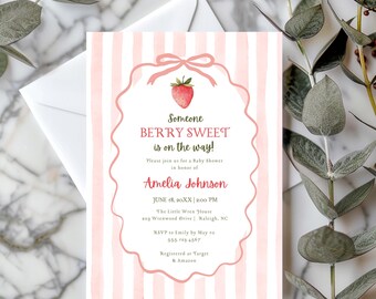 Berry Sweet Baby Shower Invitation, Gingham, Strawberry, Digital Download, Edit in Canva, RC0511