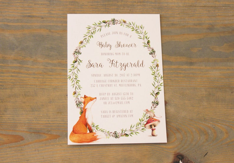 Woodland Baby Shower Invitation Fox and Mouse Baby Shower Invitations Gender Neutral Baby Shower Printed Invitation