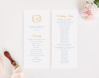 French Blue Classic Ceremony Program, Monogram Crest, Elegant Wedding Program, Camille, RC0101