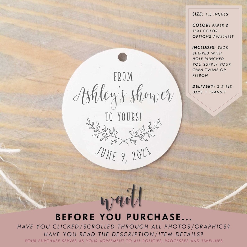From My Shower to Yours Bridal Shower Favor Tag, 1.5 inches with hole, Small Round Party Favor Tag for Baby Shower ,Couples Shower, RC0020 image 1