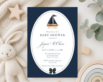 Preppy zeilboot babyshower uitnodiging, geruite polo, nautisch, marineblauw, digitale download, uitnodigingssjabloon, RC0525