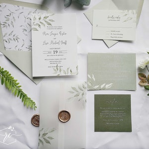 Sage Vellum Wedding Invitation Suite, Modern Greenery Wedding Invitation with Vellum Sleeve and Wax Seal, The Ava Collection, RC0224