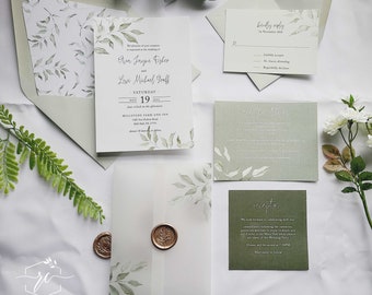 Sage Vellum Wedding Invitation Suite, Modern Greenery Wedding Invitation with Vellum Sleeve and Wax Seal, The Ava Collection, RC0224