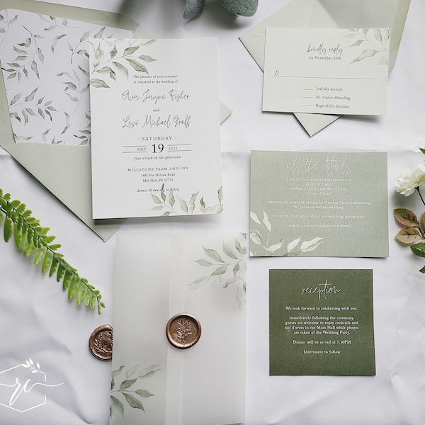 Sage Vellum Wedding Invitation Suite, Modern Greenery Wedding Invitation with Vellum Sleeve and Wax Seal, The Ava Collection, RC0224