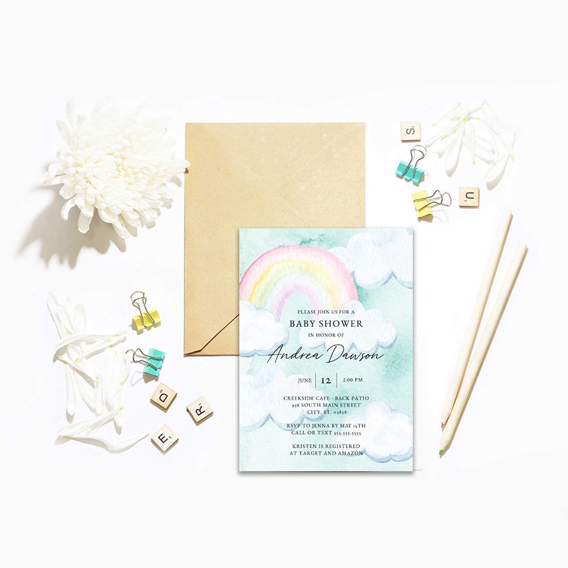 Rainbow Baby Shower Invitation Template Printable Watercolor | Etsy