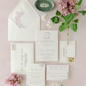 Elegant Wedding Invitation Suite, Monogram Crest, Classic Wedding Invite, Hand Drawn, Traditional Wedding invitation set, Odette, RC0302