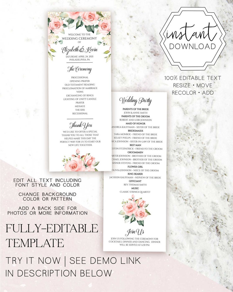 Printable Wedding Program templett order of ceremony Blush Wedding Ceremony Template Blush Wedding Programs Template RC18017