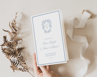 Order of Ceremony Booklet, Classic Monogram Crest Wedding Program, Traditional Wedding Ceremony Program, Dusty Blue, Elaina, RC0300