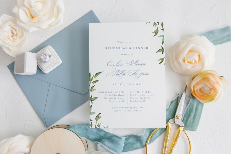 Wedding Rehearsal Dinner Invitation with Envelopes, Rehearsal Dinner Invite, Elegant Invite, Dusty Blue, French Blue, Sibyl, RC0303 image 1