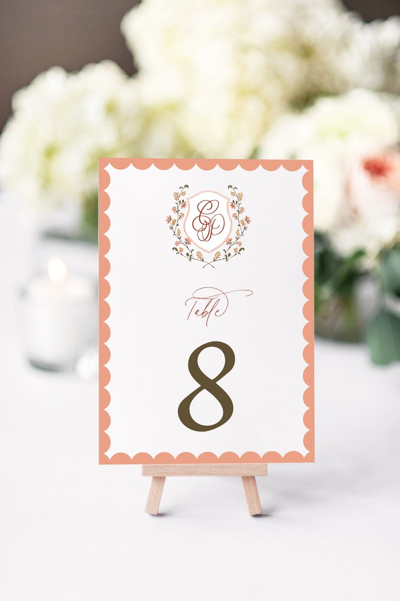 Classic Monogram Crest Wedding Table Numbers, Tatiana Collection, Calligraphy, Printed Table Numbers, 4x6 or 5 x 7, RC0303 image 3