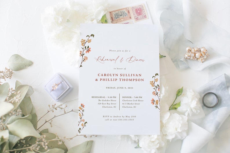 Wedding Rehearsal Dinner Invitation with Envelopes, Floral Rehearsal Dinner Invite, Elegant Invitation, Tatiana, RC0303 image 1