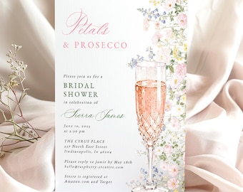 Wildflower Bridal Shower Invitation Template, Petals and Prosecco, Digital Download, Champagne, Edit in Templett, RC0467
