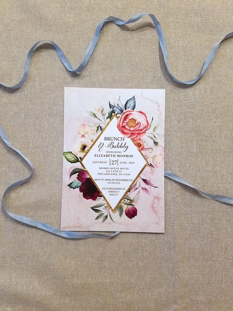 Watercolor Flower Invitation Bohemian Bridal Shower Invitation Couples Shower RC0001 Boho Brunch /& Bubbly Invitation with Envelope