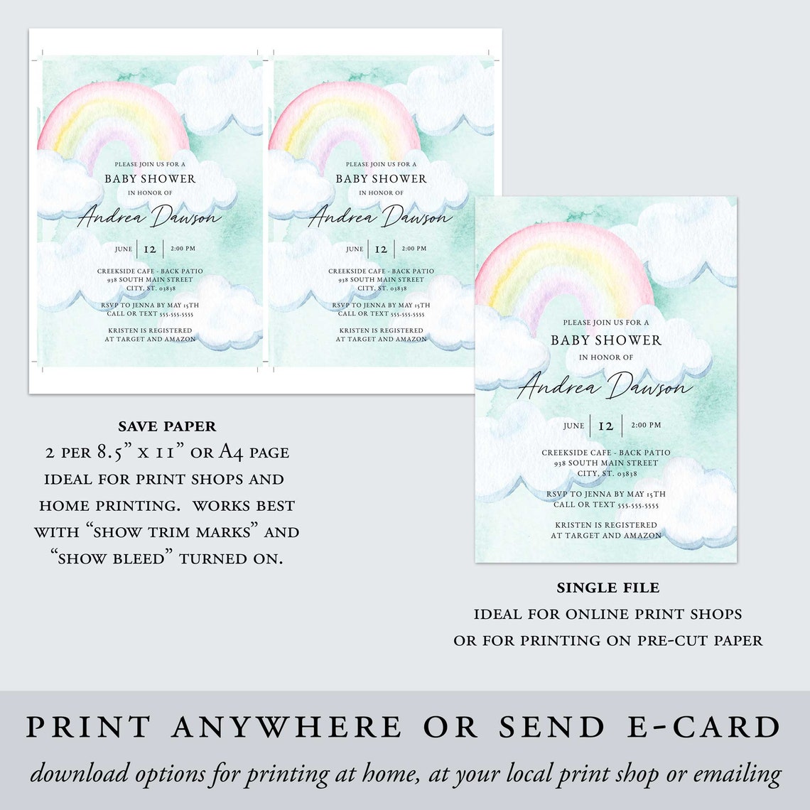 Rainbow Baby Shower Invitation Template Printable Watercolor | Etsy