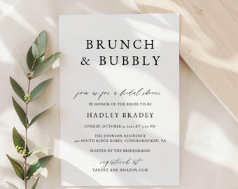 Simple Bridal Shower Invitation Template, Brunch and Bubbly Bridal Shower Invite, Printable Invite, Digital Calligraphy Evite, RC260801