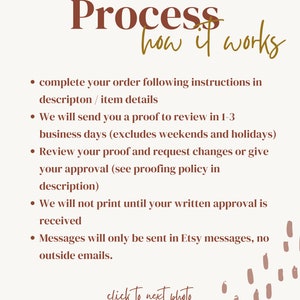 May include: A text-based graphic with a brown background and white text outlining the process for ordering custom products. The text reads "Process how it works" and includes a list of steps: complete your order, receive a proof, review the proof, and approve the proof before printing. The graphic also includes the text "click to next photo".