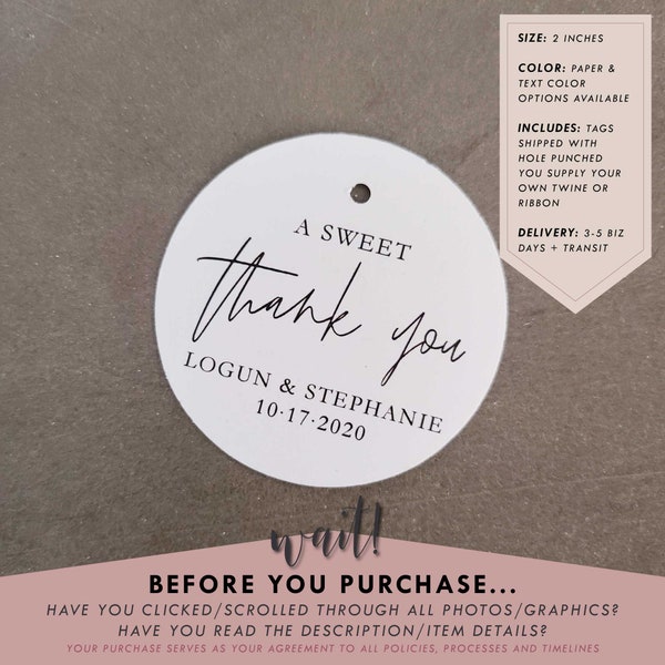 A Sweet Thank You Wedding Favor Tag, 2 inches with hole, Round Party Favor Gift Tag, Baby Shower or Bridal Shower, Modern Minimalist, RC0110