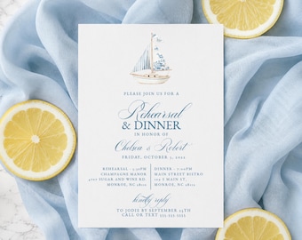 Sailboat Rehearsal Dinner Invitation Template, Blue Chinoiserie, Simple Design (Instant Download) TEMPLETT RC0480