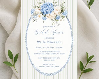 Blue Hydrangea Bridal Shower Invitation Template, Green Preppy Stripes, wysteria, Digital Download, boho floral, Edit in Templett, RC0523