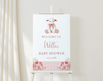 Pink Baby Shower Welcome Sign, Little Lamb, Pink Gingham Baby Shower Welcome Poster, Fully Editable Text, Instant Download, RC0481