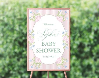 Pink Baby Shower Welcome Sign, Hydrangea, Grandmillennial Baby Shower Welcome Poster, Fully Editable Text, Instant Download, RC0483