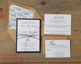 Simply Navy Blue Wedding Invitation Suite with Printed Envelope liner and Kraft Envelopes, Navy Blue Twine, Wedding Invitation Set, Rustic