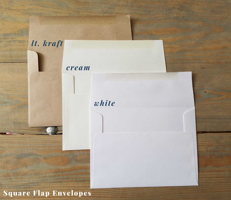 May include: Three square flap envelopes in different colors: light kraft, cream, and white. The envelopes are arranged from left to right, with the light kraft envelope on the left, the cream envelope in the middle, and the white envelope on the right. The envelopes are all the same size and have a square flap.