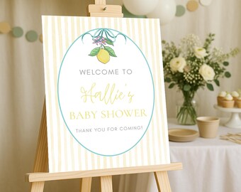 Lemon Baby Shower Welcome Sign, Yellow, Digital Download, Edit in Canva, Stripes, lemon squeeze