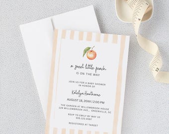 Sweet Little Peach Baby Shower Invitation, Stripes, Digital Download, Edit in Canva, RC0403