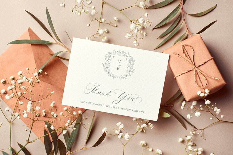 Elegant Thank You Note Card, Elegant Thank You Card with Envelope, Monogram Crest, Pheobe Collection, Wedding Thank You Card, RC0302 image 1