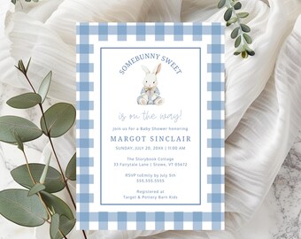 French Blue Bunny Baby Shower Invitation, Somebunny Sweet, Gingham, Digital Download, Invitation Template, RC0482
