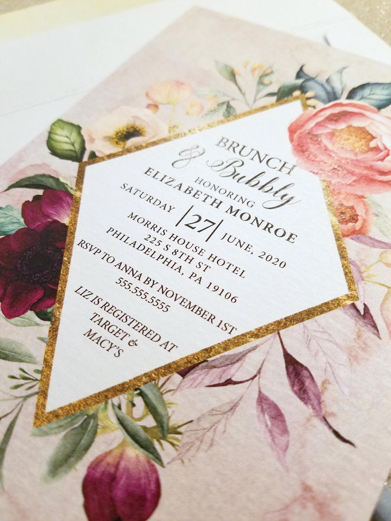 Watercolor Flower Invitation Bohemian Bridal Shower Invitation Couples Shower RC0001 Boho Brunch /& Bubbly Invitation with Envelope