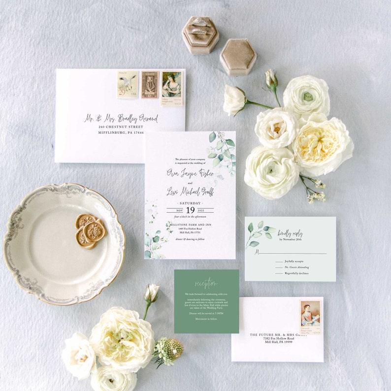 Sage Vellum Wedding Invitation Suite, Eucalyptus Greenery Wedding Invitation with Vellum Sleeve, Wax Seal, Stephanie, RC0102 image 2