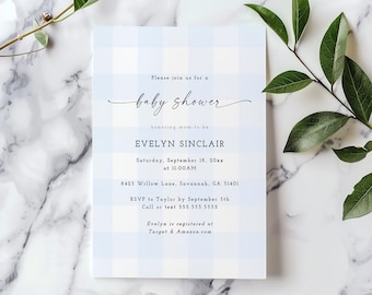 Blue Gingham Baby Shower Invitation Bundle, simple invitation, diaper raffle, book request, invite set (TEMPLETT)