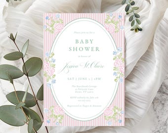 Hydrangea Baby Shower Invitation, Grandmillennial, Pink Stripes Baby Shower, Digital Download, Invitation Template, RC0483