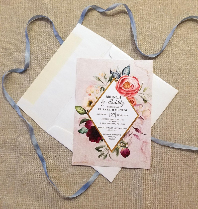 Watercolor Flower Invitation Bohemian Bridal Shower Invitation Couples Shower RC0001 Boho Brunch /& Bubbly Invitation with Envelope