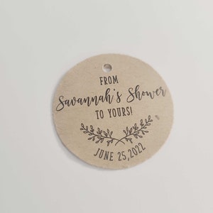 From My Shower to Yours Bridal Shower Favor Tag, 1.5 inches with hole, Small Round Party Favor Tag for Baby Shower ,Couples Shower, RC0020 Light Kraft